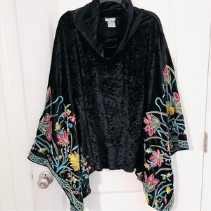 Crushed Velvet Embroidered Floral Cowlneck Poncho Size Large